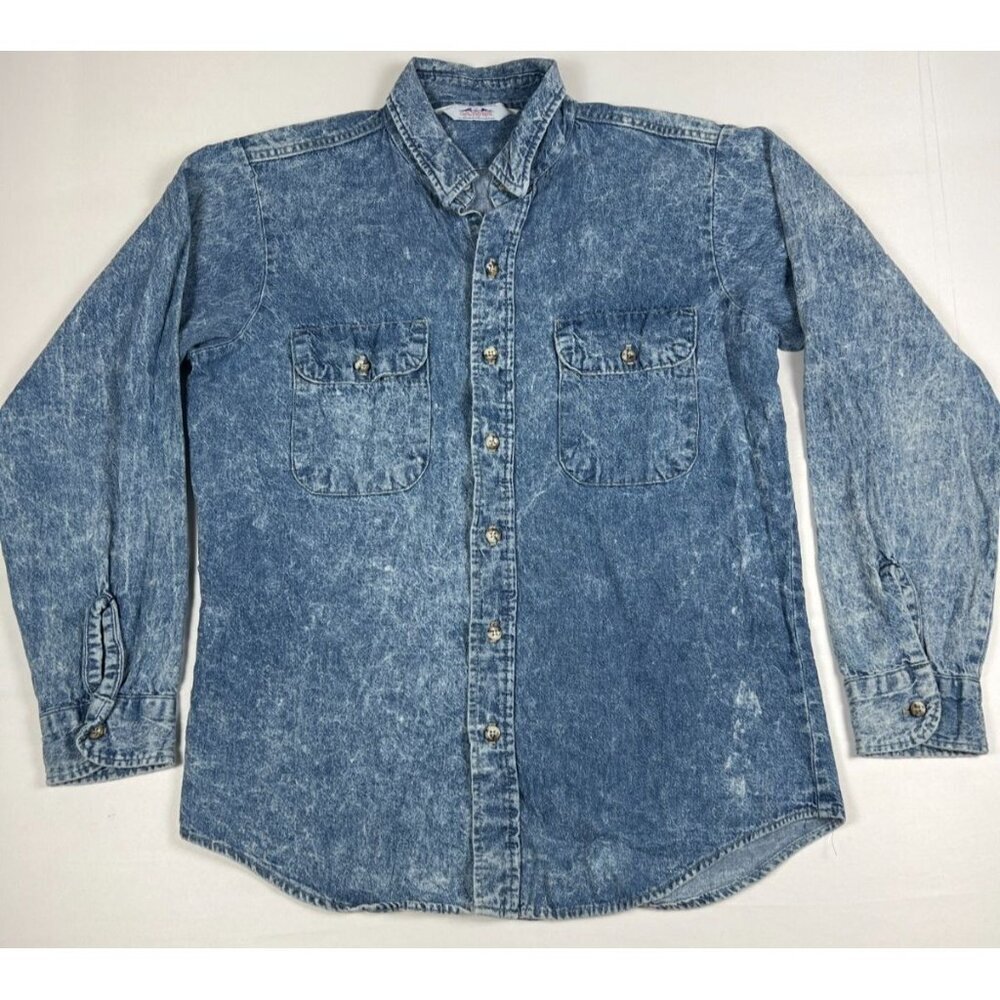 Dakota Men Medium Blue Acid Wash Denim Long Sleeve Button Up Shirt Made in USA